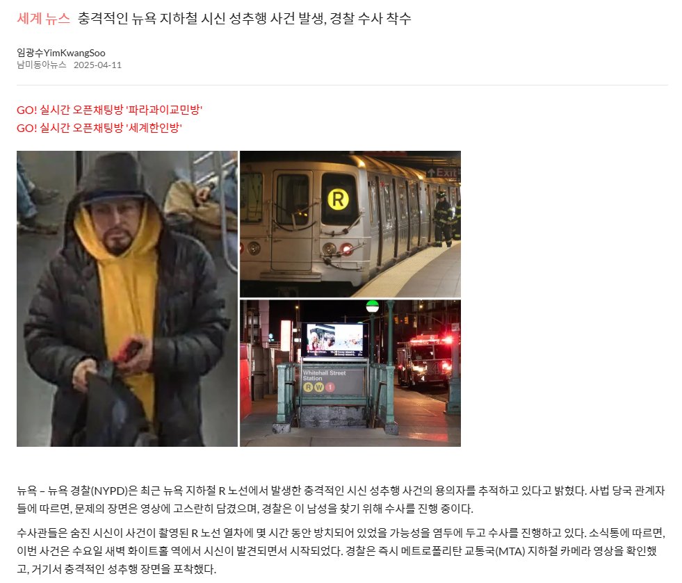 얼마전 발생한 뉴욕지하철 시체강간사건 ㄷㄷ