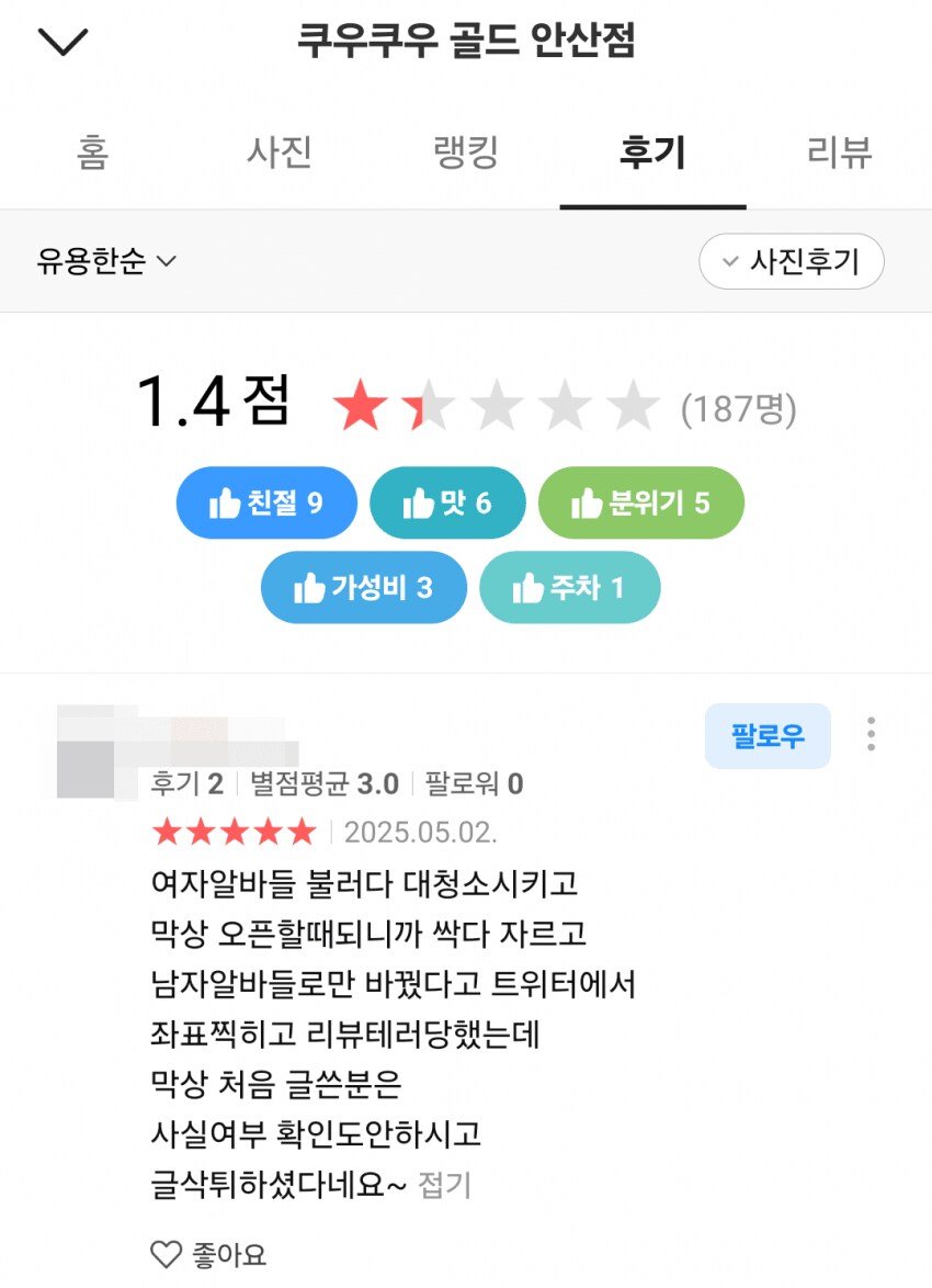 쿠우쿠우 골드 안산점이 별점 테러 당한 이유