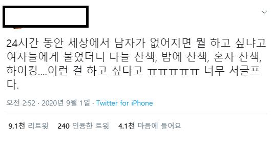 여자들이 24시간 동안 세상에서 남자가 없어지면 하고싶은거