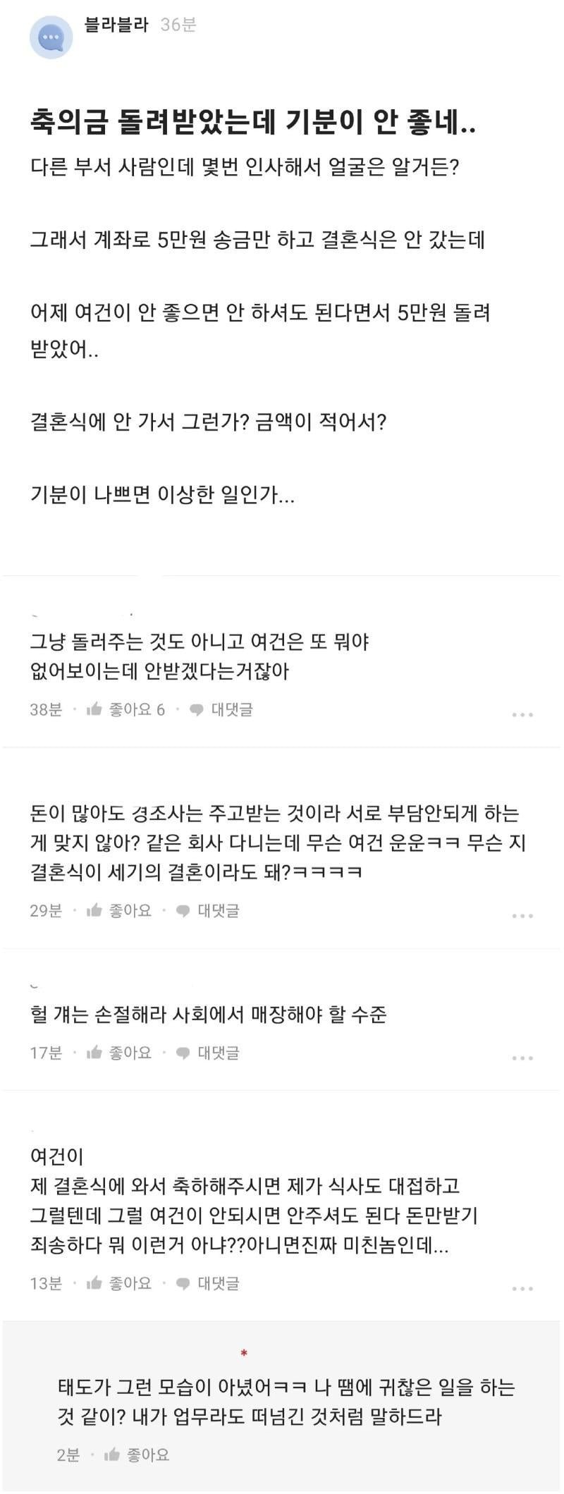 타부서 직원 결혼식 축의금만 보냄