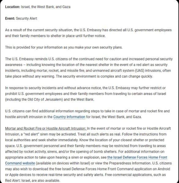 미 대사관, 이스라엘 내 직원 전원 대피 지시 ㄷㄷㄷ