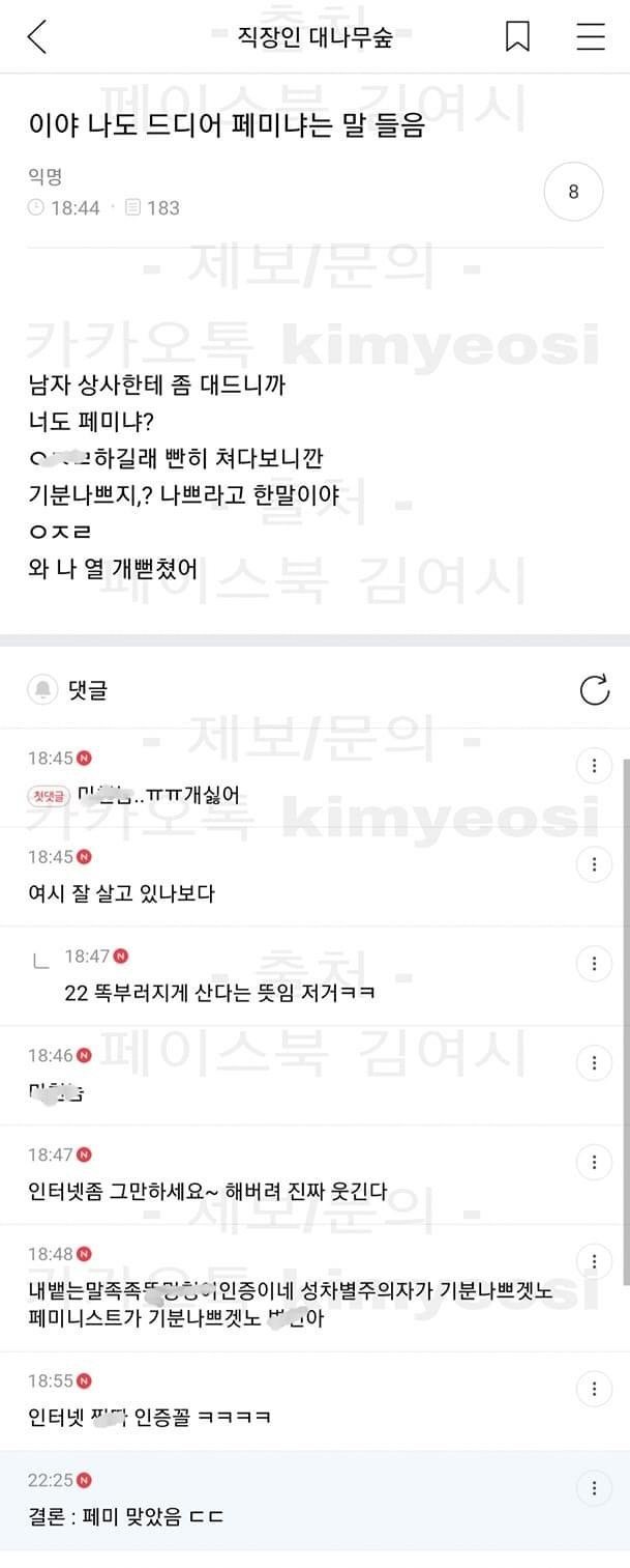 남자 상사한테 좀 대드니까 페미취급을 하네