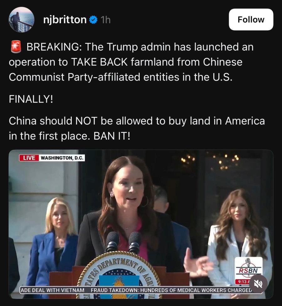 트럼프 행정부 “중국국적자등 적대국들 미국 땅구매 금지, 기존 땅도 회수가능“ 시행