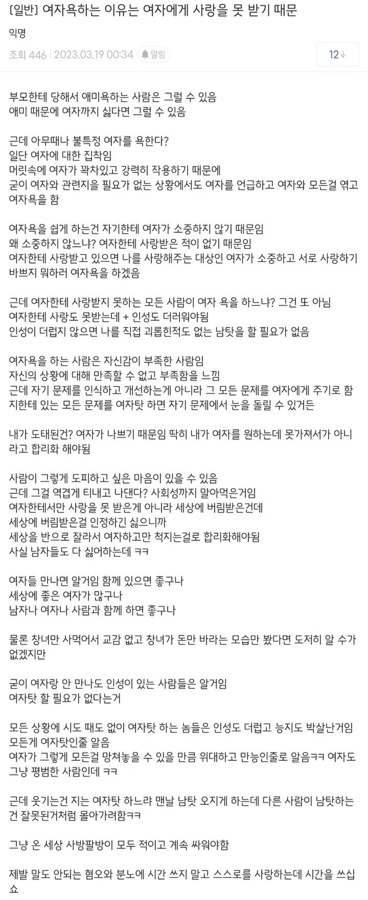 한 디시인의 여성혐오에 대한 의견