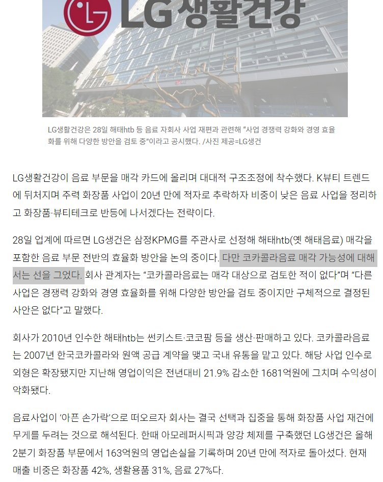 LG생건 음료사업부문 매각.news