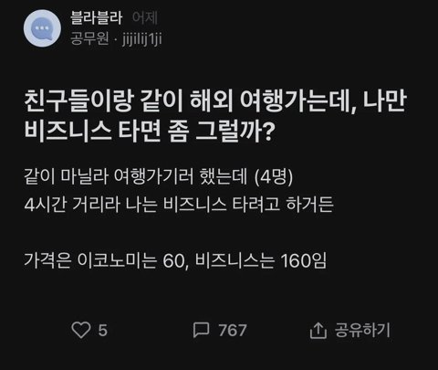 생각보다 의견이 많이 갈렸던 여행 비즈니스석 논쟁