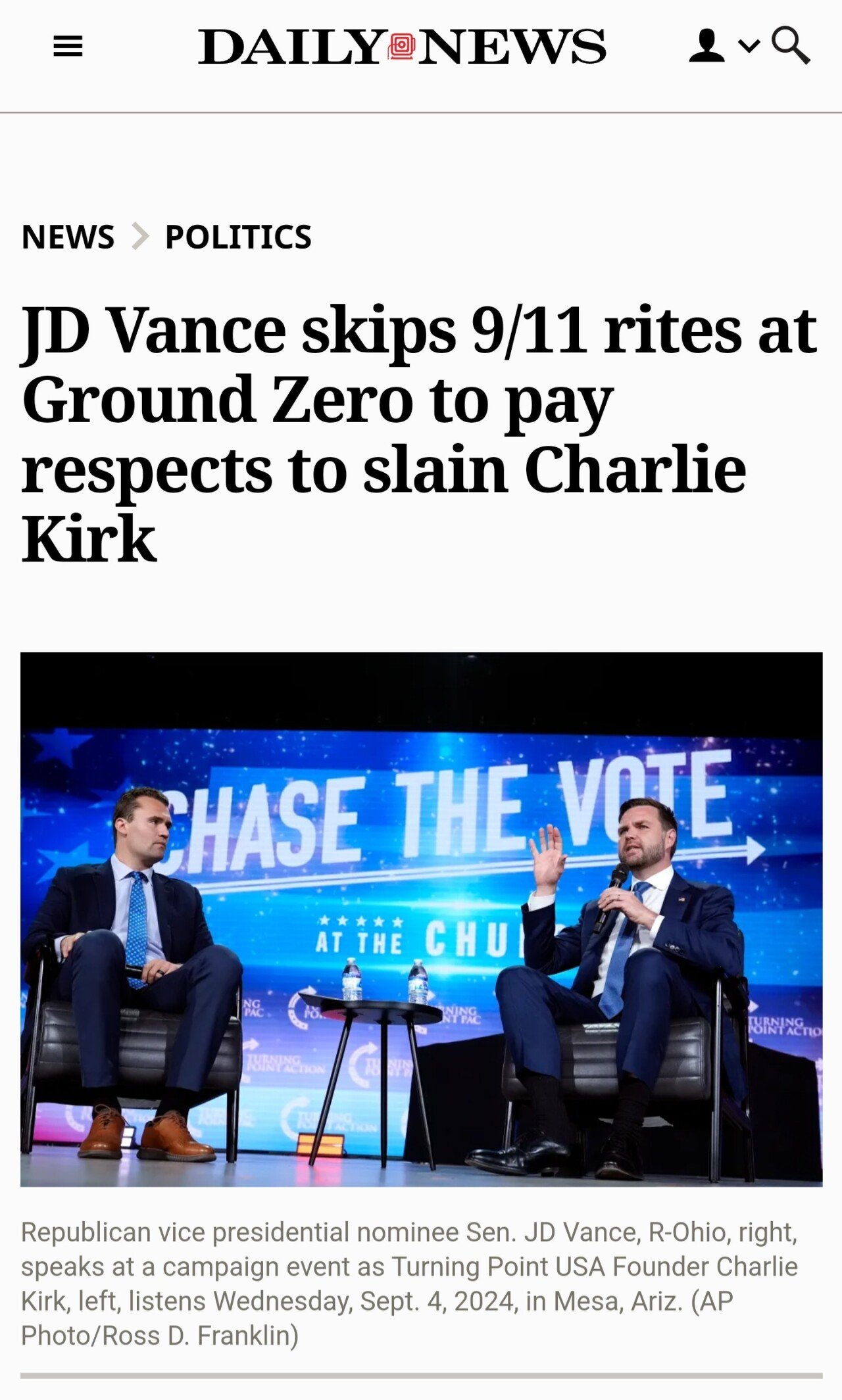 찰리 커크를 추모하기 위해 9.11 추모행사에 불참한 미국 부통령