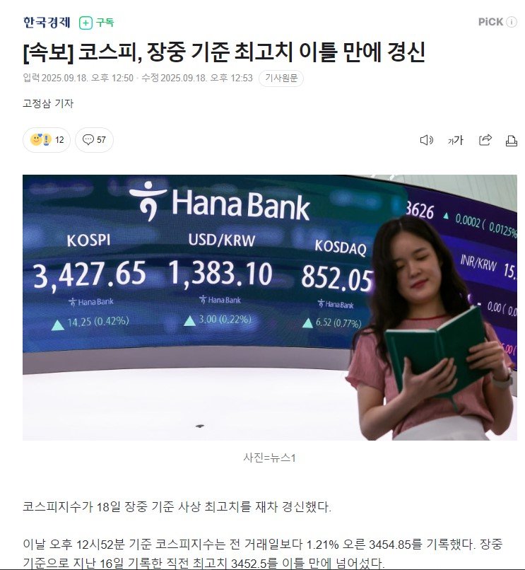 코스피 이틀만에 최고가 경신.