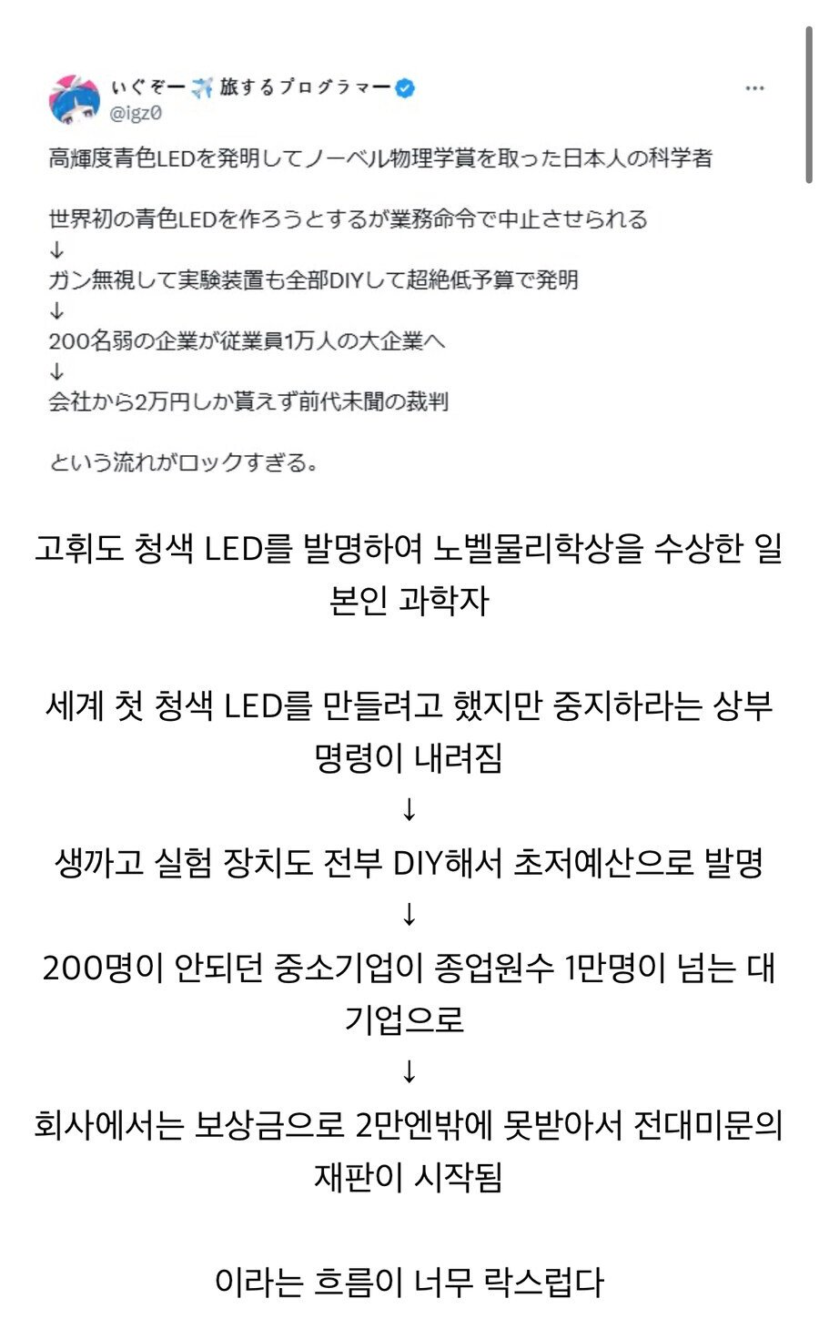 청색 LED를 개발하여 노벨상을 수상한 일본인 비화