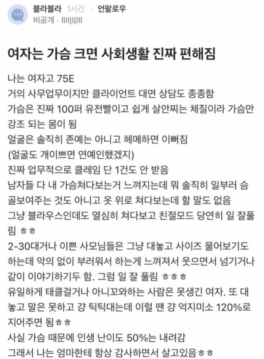 여자는 가슴 크면 사회생활 편해진다는 여자