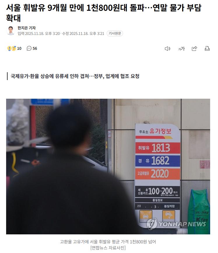 서울 휘발유 9개월 만에 1천800원대 돌파…연말 물가 부담 확대